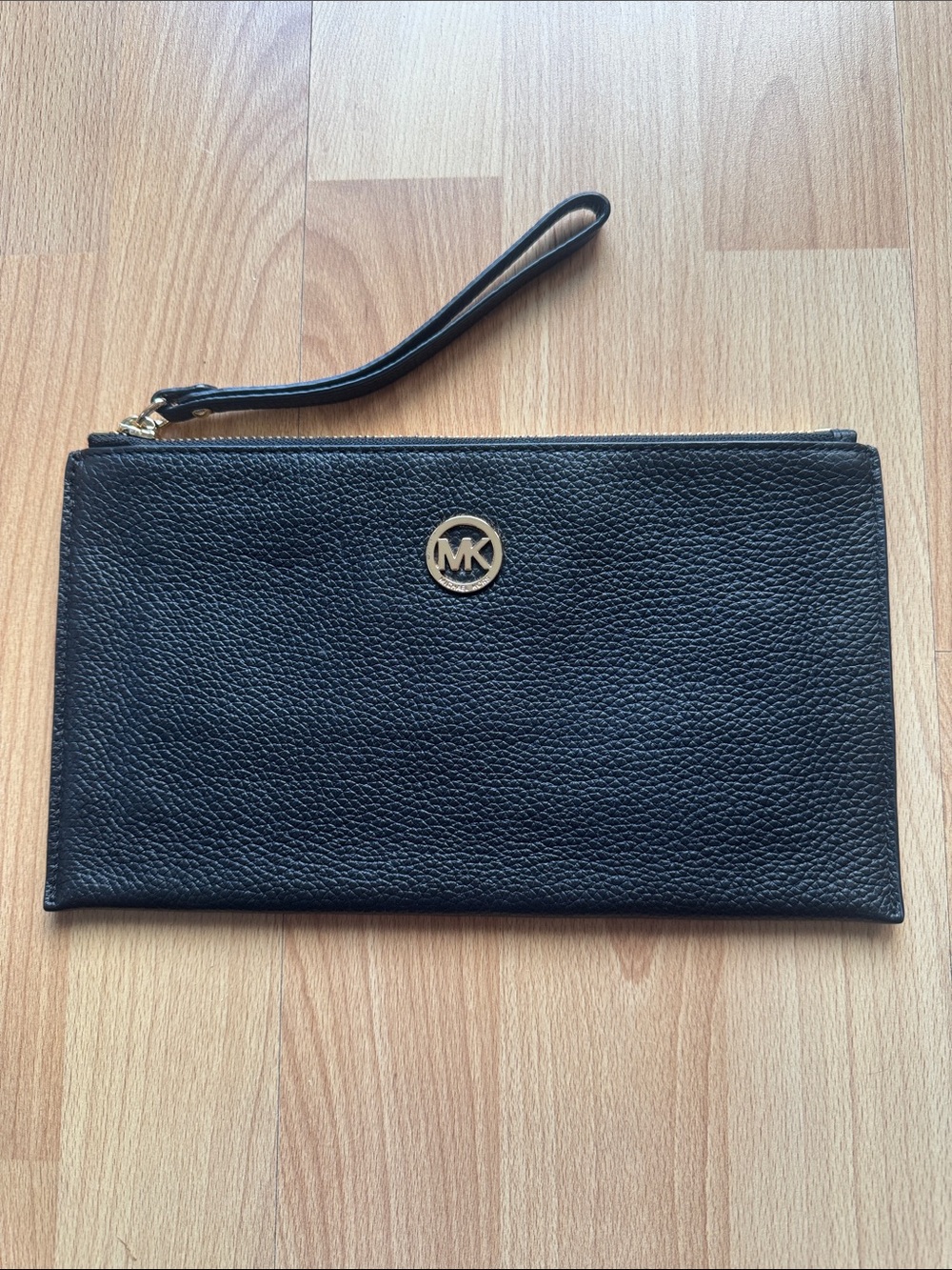 Michael Kors Black Pebbled Leather Wristlet with Gold MK Emblem
